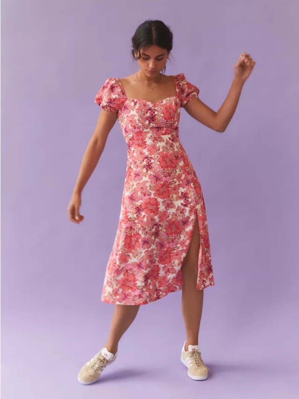 Hello Molly Pink Floral Puff Sleeve Midi Dress Size US 6
